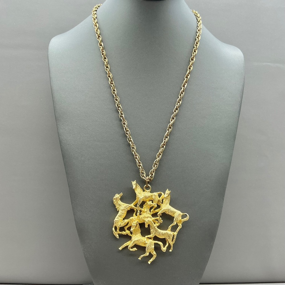 Vintage Necklace Equestrian Running Wild Horses Gold Tone Pendant Statement